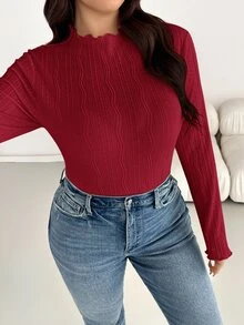 Shapeblank Plus Size Autumn/Winter Casual Solid Textured T-Shirt Fall - Red - View 3