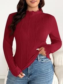 Shapeblank Plus Size Autumn/Winter Casual Solid Textured T-Shirt Fall - Red - View 7
