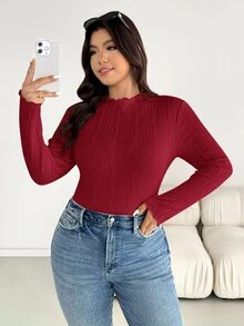 Shapeblank Plus Size Autumn/Winter Casual Solid Textured T-Shirt Fall - Red - View 5