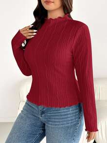 Shapeblank Plus Size Autumn/Winter Casual Solid Textured T-Shirt Fall - Red - View 4