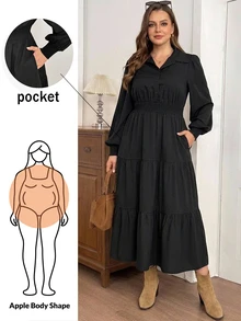 Shapeblank Plus Size Shirred Waist Pocket Button Long Sleeve Dress Autumn Office Black Business Casual Elegant - Black - View 1