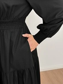Shapeblank Plus Size Shirred Waist Pocket Button Long Sleeve Dress Autumn Office Black Business Casual Elegant - Black - View 5