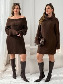 Shapeblank 大尺碼女款秋冬時尚寬鬆優雅休閒膠囊風性感舒適日常保暖棕色長袖針織洋裝 - 棕色 - 查看 12