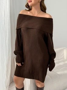 Shapeblank 大尺碼女款秋冬時尚寬鬆優雅休閒膠囊風性感舒適日常保暖棕色長袖針織洋裝 - 棕色 - 查看 5