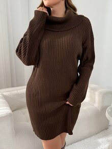 Shapeblank 大尺碼女款秋冬時尚寬鬆優雅休閒膠囊風性感舒適日常保暖棕色長袖針織洋裝 - 棕色 - 查看 8