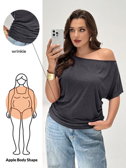 Shapeblank Plus Size Summer Casual Solid Color Asymmetric Collar T-Shirt