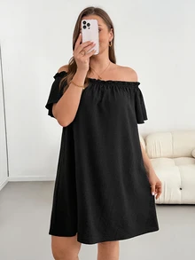 Shapeblank 大码女装春夏时尚休闲宽松清凉舒适日常百搭显瘦黑色露肩短连衣裙，简约风格，度假穿搭，宽松连衣裙，极简主义风格，欧洲夏季 - 黑色 - 查看 4