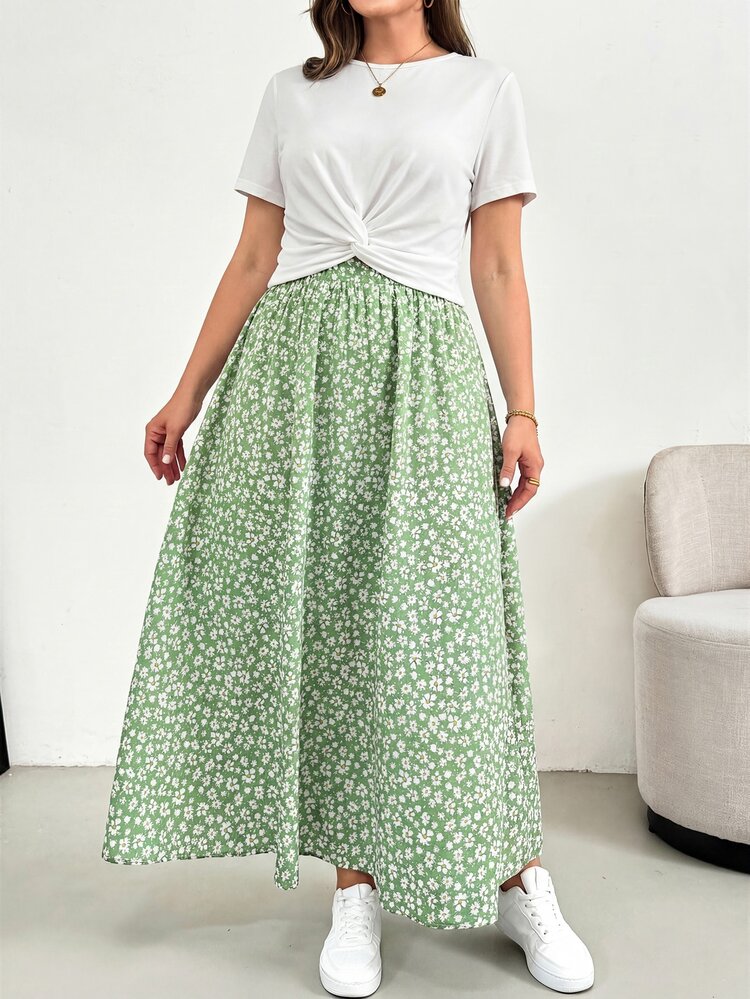 Shapeblank Plus-Size Women's Summer Two Pieces Set,White Short-Sleeved Top&Printed Skirt,Boho Vacation Holiday Outfit,Casual Comfortable 2 Pieces Lounge Set - Green - View 3