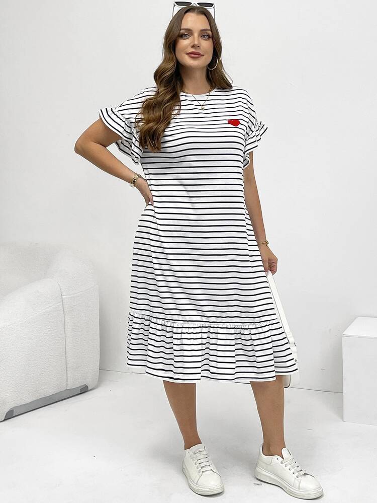 Shapeblank Plus Size Women's Black And White Striped Ruffled Short Sleeve Midi Dress, Summer Casual Cute Vacation Loose Sun, Curve Brunch Business - Black and White - View 6