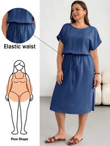 Shapeblank Plus Casual Short Sleeve Cinched Waist Flattering Summer Midi Dress - Navy Blue - View 1
