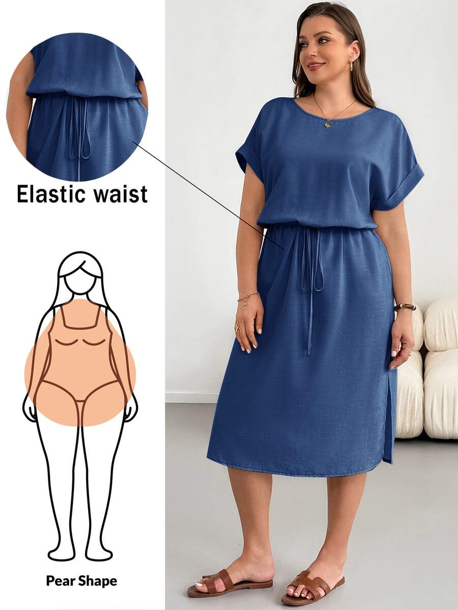 Shapeblank Plus Casual Short Sleeve Cinched Waist Flattering Summer Midi Dress - Navy Blue - View 1