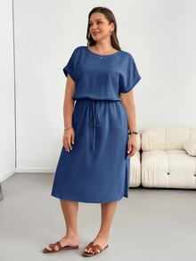 Shapeblank Plus Casual Short Sleeve Cinched Waist Flattering Summer Midi Dress - Navy Blue - View 4