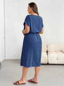 Shapeblank Plus Casual Short Sleeve Cinched Waist Flattering Summer Midi Dress - Navy Blue - View 2
