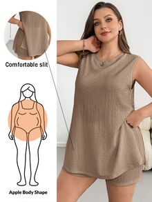Shapeblank Plus-Size Women's Summer Casual Baggy Stretchy Comfortable Slimming Sleeveless Split Two Pieces Set Formal Home Wear Vacation Khaki - Khaki - View 1