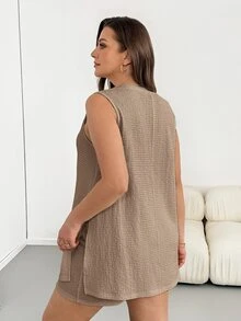 Shapeblank Plus-Size Women's Summer Casual Baggy Stretchy Comfortable Slimming Sleeveless Split Two Pieces Set Formal Home Wear Vacation Khaki - Khaki - View 2