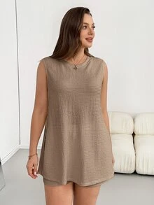 Shapeblank Plus-Size Women's Summer Casual Baggy Stretchy Comfortable Slimming Sleeveless Split Two Pieces Set Formal Home Wear Vacation Khaki - Khaki - View 4
