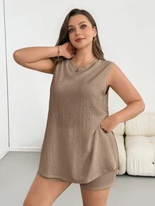 Shapeblank Plus-Size Women's Summer Casual Baggy Stretchy Comfortable Slimming Sleeveless Split Two Pieces Set Formal Home Wear Vacation Khaki - Khaki - View 5