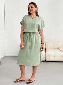 Shapeblank Plus Size Summer Casual Baggy Formal Solid Color Side Slit Dress Vacation Sage Green - Mint Green - View 4