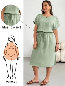 Shapeblank Plus Size Summer Casual Baggy Formal Solid Color Side Slit Dress Vacation Sage Green - Mint Green - View 1