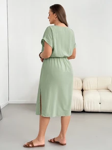 Shapeblank Plus Size Summer Casual Baggy Formal Solid Color Side Slit Dress Vacation Sage Green - Mint Green - View 2