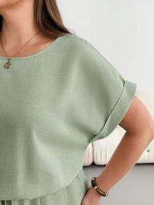 Shapeblank Plus Size Summer Casual Baggy Formal Solid Color Side Slit Dress Vacation Sage Green - Mint Green - View 6