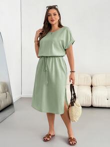 Shapeblank Plus Size Summer Casual Baggy Formal Solid Color Side Slit Dress Vacation Sage Green - Mint Green - View 5