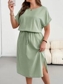 Shapeblank Plus Size Summer Casual Baggy Formal Solid Color Side Slit Dress Vacation Sage Green - Mint Green - View 3