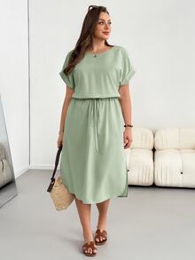 Shapeblank Plus Size Summer Casual Baggy Formal Solid Color Side Slit Dress Vacation Sage Green - Mint Green - View 7