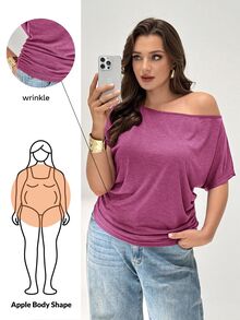 Shapeblank Plus Size Women Solid Color Asymmetric Shoulder Casual Versatile Daily Wear T-Shirt - Red Violet - View 1