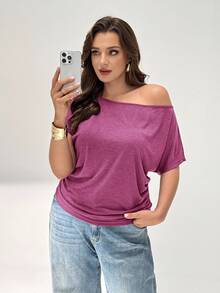 Shapeblank Plus Size Women Solid Color Asymmetric Shoulder Casual Versatile Daily Wear T-Shirt - Red Violet - View 4