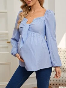 Momance Maternity Casual Striped Sweetheart Neck Lantern Sleeve Ruffle Hem Shirt, For Autumn Fall - Blue and White - View 6