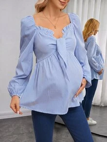 Momance Maternity Casual Striped Sweetheart Neck Lantern Sleeve Ruffle Hem Shirt, For Autumn Fall - Blue and White - View 1