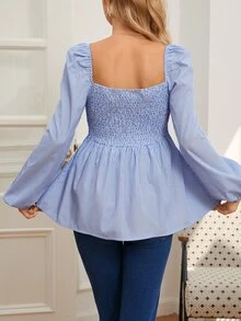 Momance Maternity Casual Striped Sweetheart Neck Lantern Sleeve Ruffle Hem Shirt, For Autumn Fall - Blue and White - View 3
