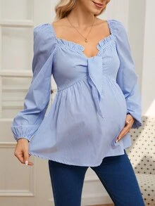 Momance Maternity Casual Striped Sweetheart Neck Lantern Sleeve Ruffle Hem Shirt, For Autumn Fall - Blue and White - View 4