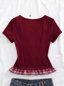 SHEIN Atasan rajut lengan pendek bergaya Y2K yang elegan untuk remaja putri, menampilkan detail kancing di bagian depan dan cocok untuk berbagai kesempatan. - Burgundy - View 2