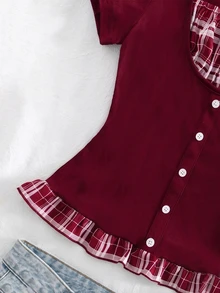SHEIN Atasan rajut lengan pendek bergaya Y2K yang elegan untuk remaja putri, menampilkan detail kancing di bagian depan dan cocok untuk berbagai kesempatan. - Burgundy - View 7
