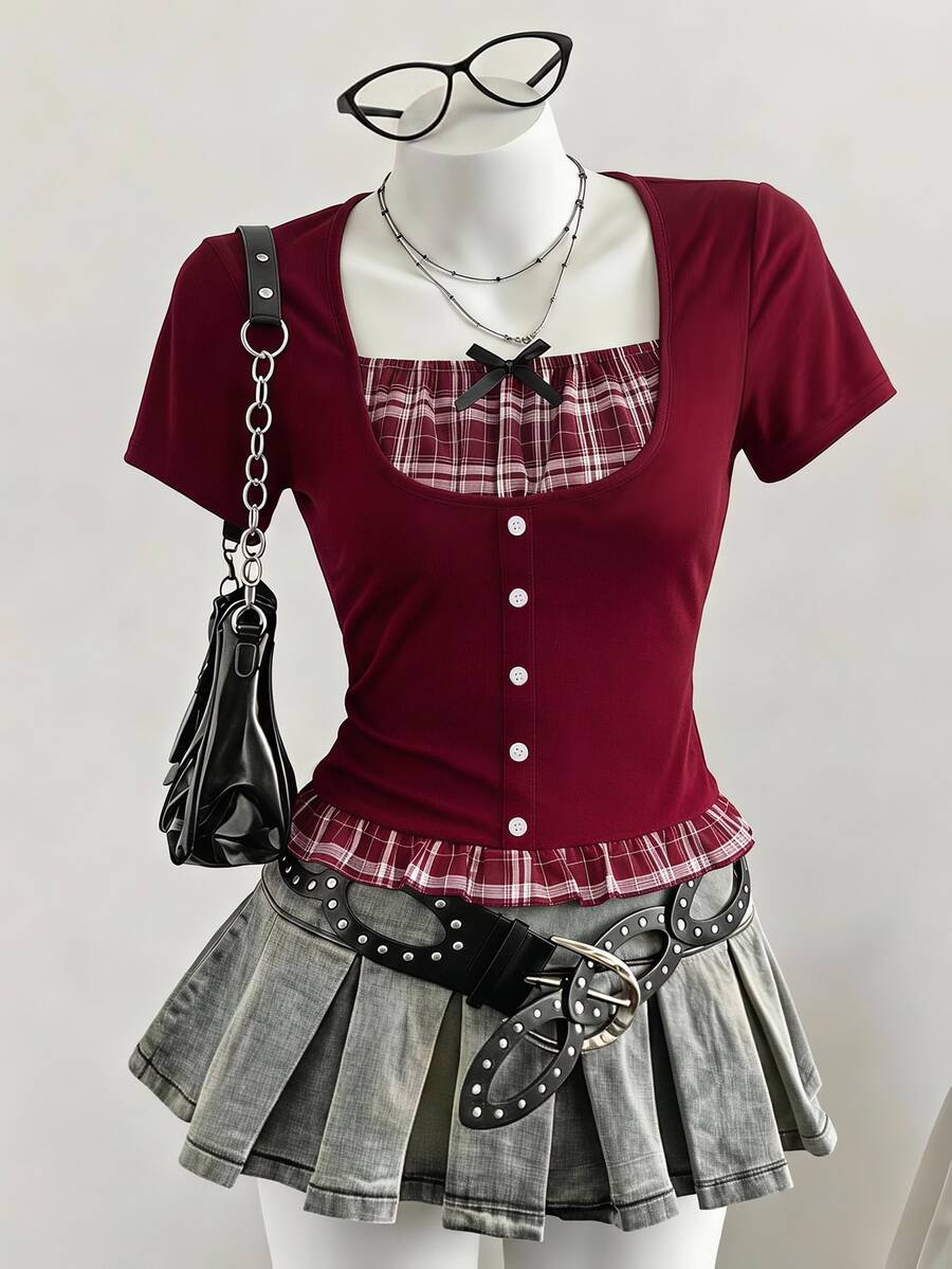 SHEIN Atasan rajut lengan pendek bergaya Y2K yang elegan untuk remaja putri, menampilkan detail kancing di bagian depan dan cocok untuk berbagai kesempatan. - Burgundy - View 1
