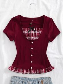 SHEIN Atasan rajut lengan pendek bergaya Y2K yang elegan untuk remaja putri, menampilkan detail kancing di bagian depan dan cocok untuk berbagai kesempatan. - Burgundy - View 4