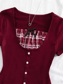 SHEIN Atasan rajut lengan pendek bergaya Y2K yang elegan untuk remaja putri, menampilkan detail kancing di bagian depan dan cocok untuk berbagai kesempatan. - Burgundy - View 6