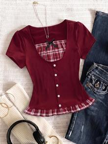 SHEIN Atasan rajut lengan pendek bergaya Y2K yang elegan untuk remaja putri, menampilkan detail kancing di bagian depan dan cocok untuk berbagai kesempatan. - Burgundy - View 3