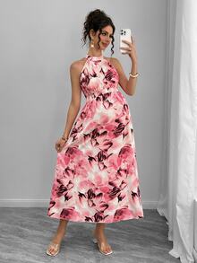Momance Maternity Dress With Digital Printing, Shirred & Waistline Design - Watermelon Pink - View 8
