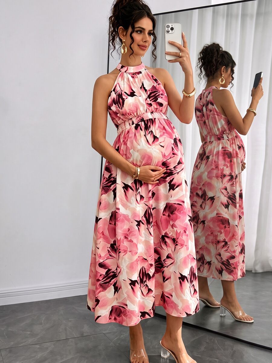 Momance Maternity Dress With Digital Printing, Shirred & Waistline Design - Watermelon Pink - View 1