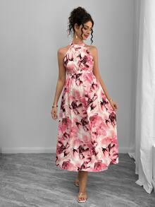 Momance Maternity Dress With Digital Printing, Shirred & Waistline Design - Watermelon Pink - View 6