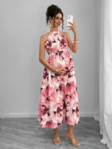 Momance Maternity Dress With Digital Printing, Shirred & Waistline Design - Watermelon Pink - View 5
