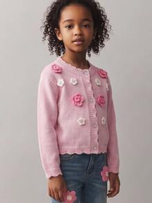 Maija Kids Maija Kids 女童 1 件可愛公主嬰兒娃娃精緻舒適粉色針織白色 3D 花朵裝飾長袖冬季開襟衫，秋季，嬰兒洗禮 - 粉色 - 查看 6