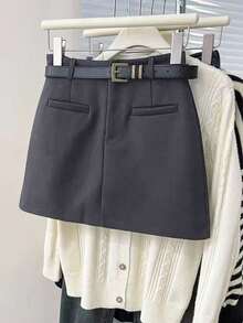 Rosivaux Minimalist Commuter Spring/Summer New Versatile Fashion A-Line Waist Slimming Niche Design Black Bodycon Skirt For Women - Dark Grey - View 4