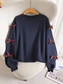 Story & Sage Sweatshirt Lengan Panjang Kasual Wanita dengan Hiasan Pita untuk Sehari-hari - Navy Blue - View 7