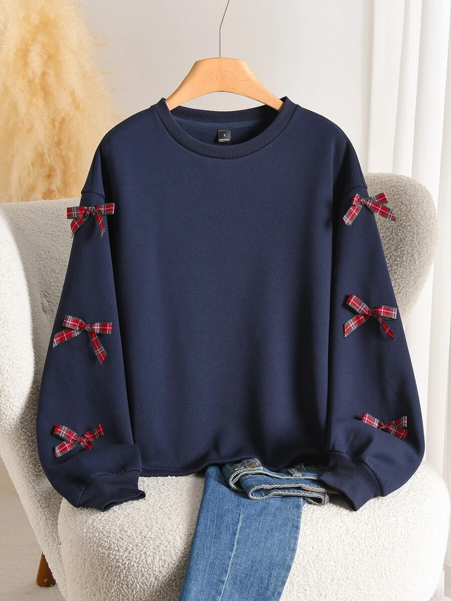 Story & Sage Women's Bowknot Decor Casual Daily Long Sleeve Sweatshirt - Navy Blue - View 1