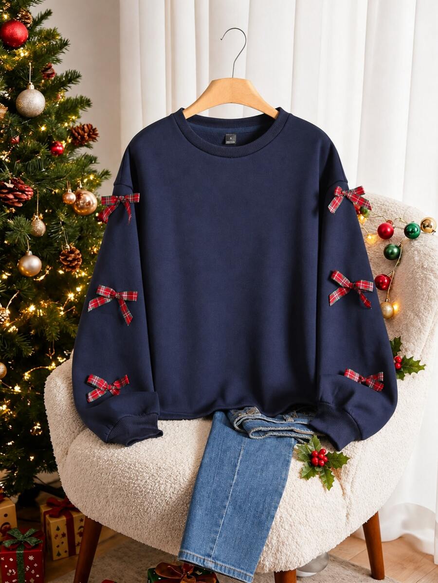 Story & Sage Sweatshirt Lengan Panjang Kasual Wanita dengan Hiasan Pita untuk Sehari-hari - Navy Blue - View 1