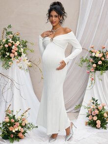 Momance Elegant Textured Solid Color Metal Decor Fitted Off-Shoulder Long Sleeve Mermaid Maternity Dress - White - View 7